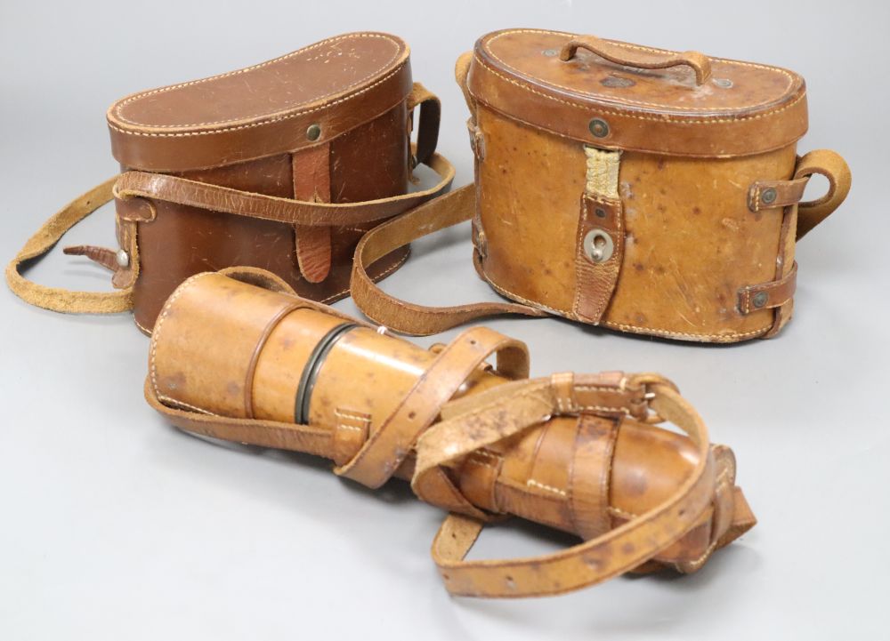 A Parker and Co. 100 yard spotter three draw telescope and two pairs of binoculars